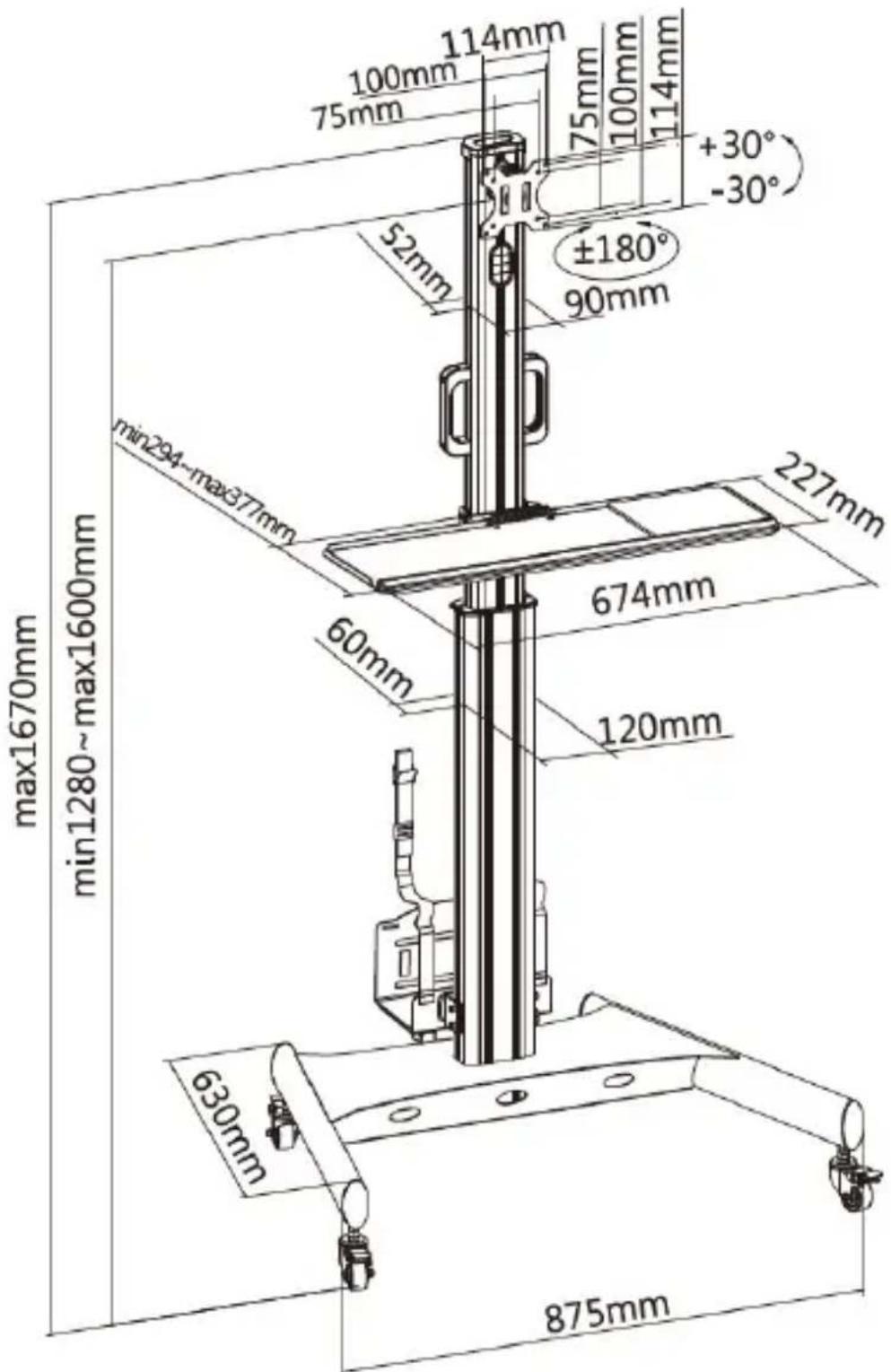 max1670mm min1280~max1600mm 100mm 75mm 114mm ±180° 90mm 52mm 227mm 60mm 674mm 120mm 630mm 875mm 75mm 100mm 114mm +30° -30°