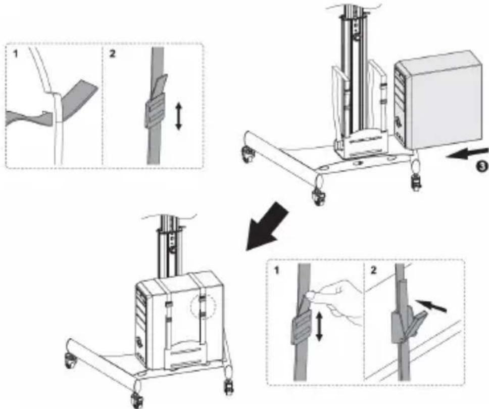 Technical diagram illustrating a mechanical device operation with labeled steps and directional arrows indicating movement.