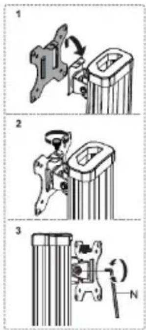 Technical diagram showing three-step mechanical assembly steps with labeled components and directional arrows