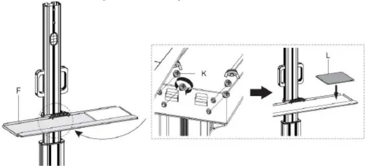 Technical diagram illustrating a mechanical assembly with labeled components F, K, and L, showing a step-by-step transformation from a vertical structure to a horizontal plate.