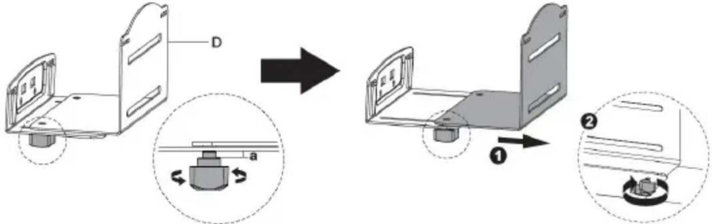 Diagram illustrating the step-by-step assembly of a mechanical component, showing part D being rotated to form a base plate with rotating buttons.