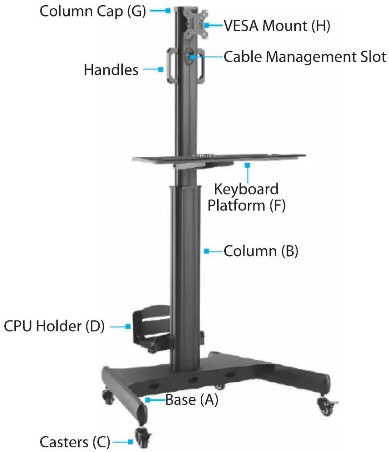 Column Cap (G) VESA Mount (H) Cable Management Slot Handles Keyboard Platform (F) Column (B) CPU Holder (D) Base (A) Casters (C)
