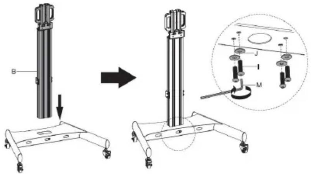 Technical diagram showing mechanical assembly steps with labeled components and a magnified inset of a mechanical component detail.