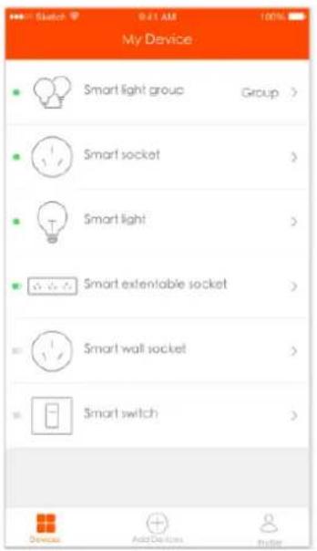 My Device Smart light group Group > Smart socket > Smart light > Smart extenable socket > Smart wall socket > Smart switch > Devices Add Devices Import