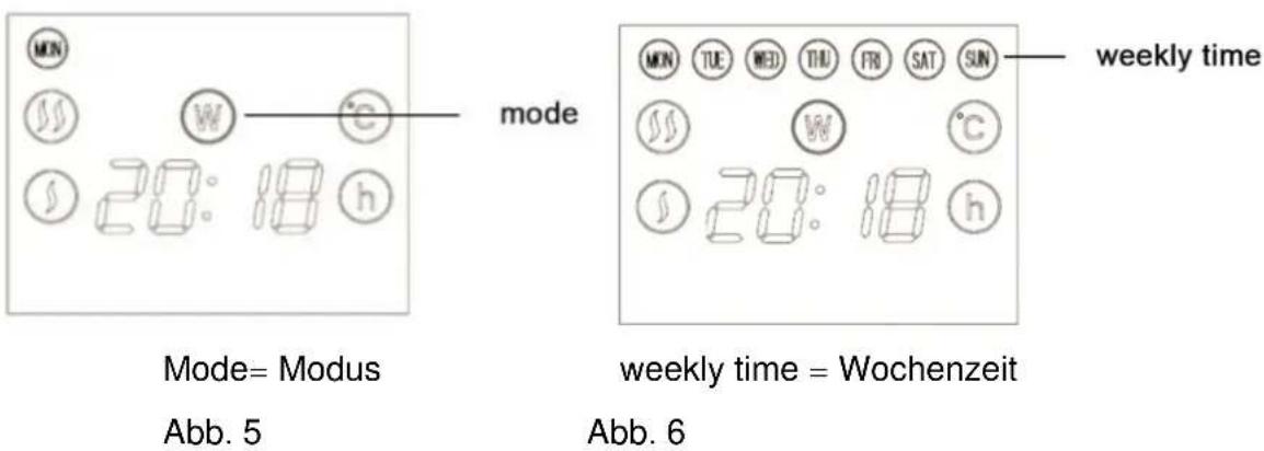 MODE Mode= Modus Abb. 5 weekly time = Wochenzeit Abb. 6 20: 18 h 20: 18 h 20: 18 °C 20: 18 °C 20: 18 °C 20: 18 °C 20: 18 °C 20: 18 °C 20: 18 °C 20: 18 °C 20: 18 °C 20: 18 °C 20: 18 °C 20: 18 °C