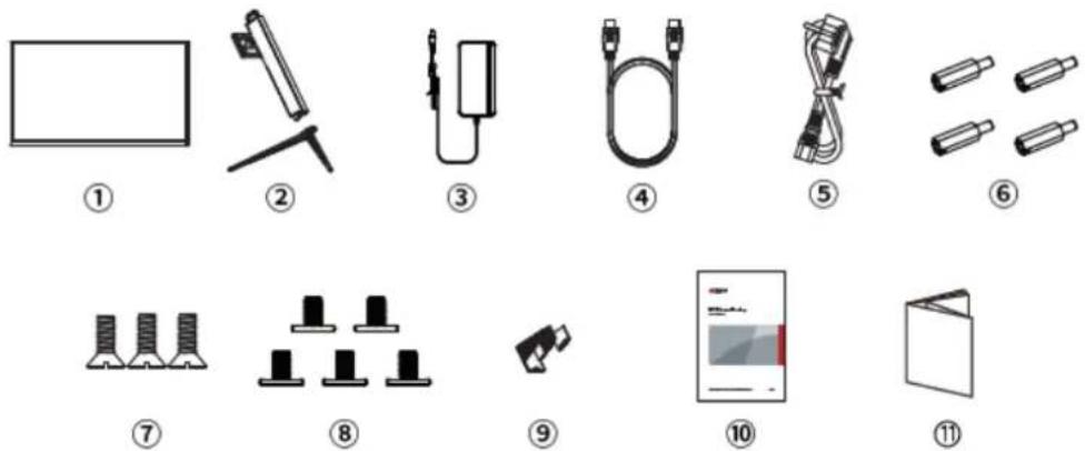 Diagram showing 11 labeled electrical components and accessories, including a monitor, plug, cable, connectors, and various circuitry devices.