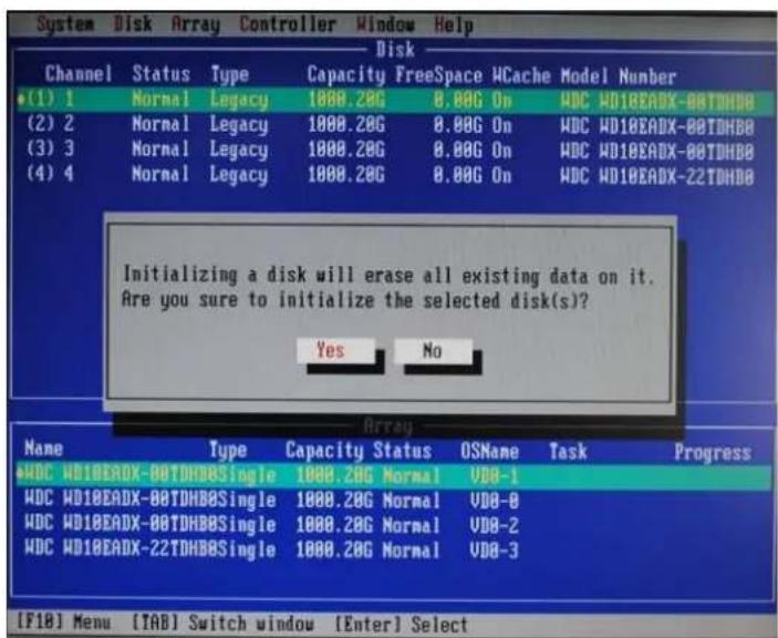 System Disk Array Controller Window Help Disk Channel Status Type Capacity FreeSpace HCache Model Number •(1) 1 Normal Legacy 1000.20G 8.00G On WDC WD18EADX-80TDHBB (2) 2 Normal Legacy 1000.20G 8.00G On WDC WD18EADX-80TDHBB (3) 3 Normal Legacy 1000.20G 8.00G On WDC WD18EADX-80TDHBB (4) 4 Normal Legacy 1000.20G 8.00G On WDC WD18EADX-22TDHBB Initializing a disk will erase all existing data on it. Are you sure to initialize the selected disk(s)? Yes No Array Name Type Capacity Status OSName Task Progress WDC WD18EADX-80TDHBBSingle 1000.20G Normal VDB-1 WDC WD18EADX-80TDHBBSingle 1000.20G Normal VDB-0 WDC WD18EADX-80TDHBBSingle 1000.20G Normal VDB-2 WDC WD18EADX-22TDHBBSingle 1000.20G Normal VDB-3 [F18] Menu [TAB] Switch window [Enter] Select
