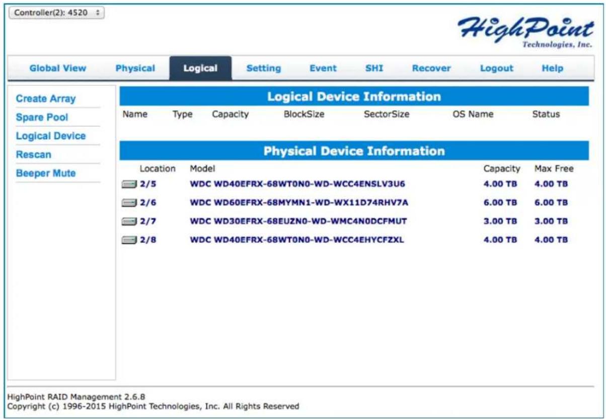 Controller(2): 4520 HighPoint Technologies, Inc. Global View Physical Logical Setting Event SHI Recover Logout Help Create Array Spare Pool Logical Device Rescan Beeper Mute Logical Device Information Name Type Capacity BlockSize SectorSize OS Name Status Physical Device Information Location Model Capacity Max Free 2/5 WDC WD40EFRX-68WT0N0-WD-WCC4ENSLV3U6 4.00 TB 4.00 TB 2/6 WDC WD60EFRX-68MYMN1-WD-WX11D74RHV7A 6.00 TB 6.00 TB 2/7 WDC WD30EFRX-68EUZN0-WD-WMC4N0DCFMUT 3.00 TB 3.00 TB 2/8 WDC WD40EFRX-68WT0N0-WD-WCC4EHYCFZXL 4.00 TB 4.00 TB HighPoint RAID Management 2.6.8 Copyright (c) 1996-2015 HighPoint Technologies, Inc. All Rights Reserved