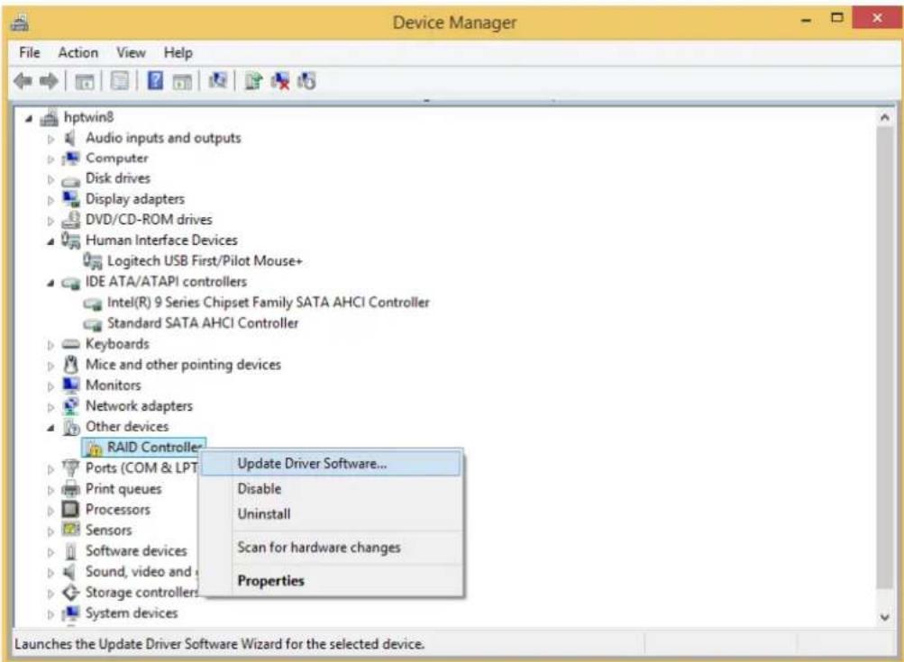 Device Manager File Action View Help hptwin8 Audio inputs and outputs Computer Disk drives Display adapters DVD/CD-ROM drives Human Interface Devices Logitech USB First/Pilot Mouse+ IDE ATA/ATAPI controllers Intel(R) 9 Series Chipset Family SATA AHCI Controller Standard SATA AHCI Controller Keyboards Mice and other pointing devices Monitors Network adapters Other devices RAID Controller Ports (COM & LPT) Print queues Processors Sensors Software devices Sound, video and Storage controllers System devices Update Driver Software... Disable Uninstall Scan for hardware changes Properties Launches the Update Driver Software Wizard for the selected device.