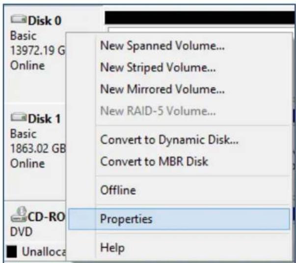Disk 0 Basic 13972.19 G Online New Spanned Volume... New Striped Volume... New Mirrored Volume... New RAID-5 Volume... Disk 1 Basic 1863.02 GB Online Convert to Dynamic Disk... Convert to MBR Disk Offline CD-RO DVD Properties Unalloca Help