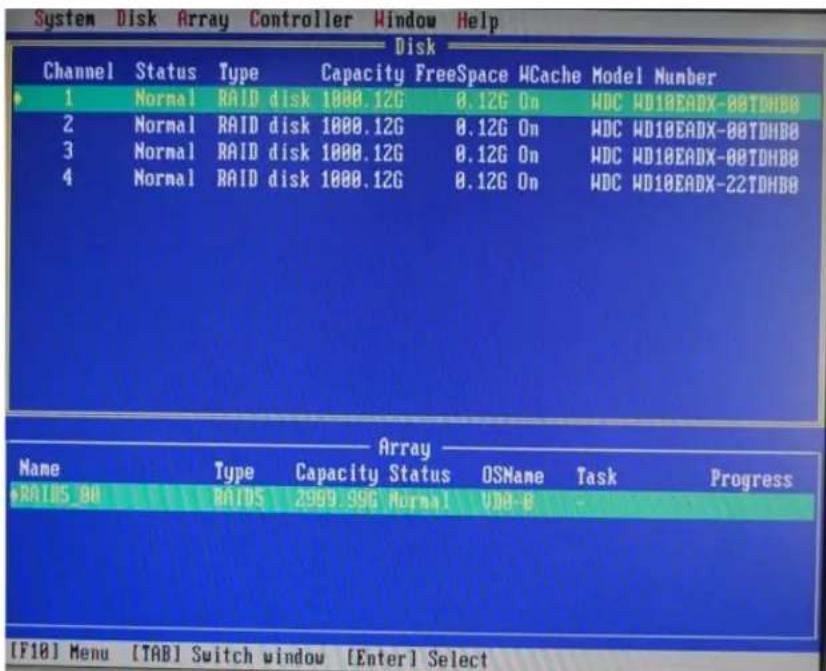 System Disk Array Controller Window Help Disk Channel Status Type Capacity FreeSpace WCache Model Number 1 Normal RAID disk 1000.12G 0.12G On WDC WD18EADX-88TDHBB 2 Normal RAID disk 1000.12G 0.12G On WDC WD18EADX-88TDHBB 3 Normal RAID disk 1000.12G 0.12G On WDC WD18EADX-88TDHBB 4 Normal RAID disk 1000.12G 0.12G On WDC WD18EADX-22TDHBB Array Name Type Capacity Status OSName Task Progress RAID5_90 RAID5 2999.996 Normal VDE-B - [F18] Menu [TAB] Switch window [Enter] Select