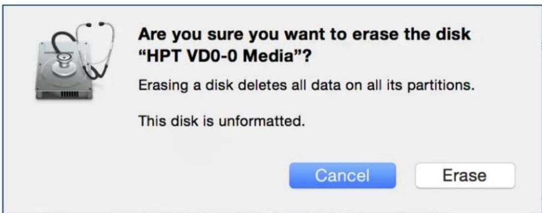 Are you sure you want to erase the disk "HPT VD0-0 Media"? Erasing a disk deletes all data on all its partitions. This disk is unformatted.
