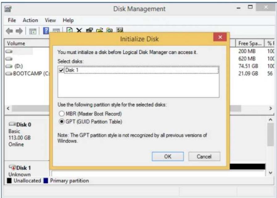 Disk Management File Action View Help Volume (D:) BOOTCAMP (C:) Initialize Disk You must initialize a disk before Logical Disk Manager can access it. Select disks: ✓ Disk 1 Use the following partition style for the selected disks: ○ MBR (Master Boot Record) ● GPT (GUID Partition Table) Note: The GPT partition style is not recognized by all previous versions of Windows. OK Cancel Free Spa... % I 200 MB 10C 620 MB 10C 74.51 GB 10C 21.09 GB 56 Disk 0 Basic 113.00 GB Online Disk 1 Unknown ■ Unallocated Primary partition
