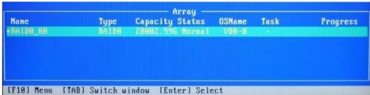 Array Name Type Capacity Status OSName Task Progress •RAID0_00 RAID0 20002.996 Normal UDD-8 - [F10] Menu [TAB] Switch window [Enter] Select