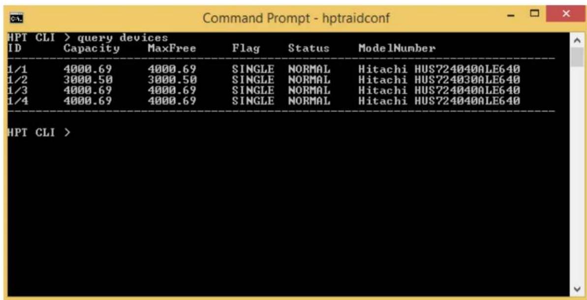 Command Prompt - hptraidconf HPT CLI > query devices ID Capacity MaxFree Flag Status ModelNumber 1/1 4000.69 4000.69 SINGLE NORMAL Hitachi HUS724040ALE640 1/2 3000.50 3000.50 SINGLE NORMAL Hitachi HUS724030ALE640 1/3 4000.69 4000.69 SINGLE NORMAL Hitachi HUS724040ALE640 1/4 4000.69 4000.69 SINGLE NORMAL Hitachi HUS724040ALE640 HPT CLI >