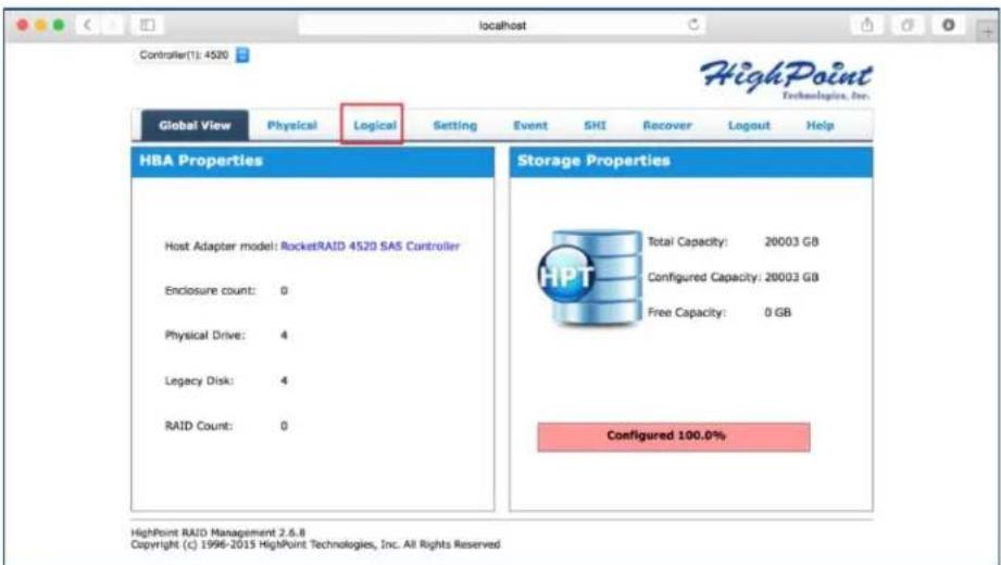 Controller(1): 4520 Global View Physical Logical Setting Event SHI Recover Logout Help HBA Properties Host Adapter model: RocketRAID 4520 SAS Controller Enclosure count: 0 Physical Drive: 4 Legacy Disk: 4 RAID Count: 0 Storage Properties Total Capacity: 20003 GB Configured Capacity: 20003 GB Free Capacity: 0 GB Configured 100.0% HighPoint RAID Management 2.6.8 Copyright (c) 1996-2015 HighPoint Technologies, Inc. All Rights Reserved