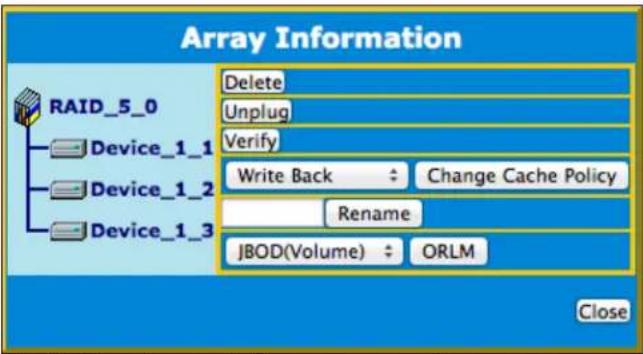 Array Information RAID_5_0 Device_1_1 Device_1_2 Device_1_3 Delete Unplug Verify Write Back : Change Cache Policy Rename JBOD(Volume) : ORLM Close