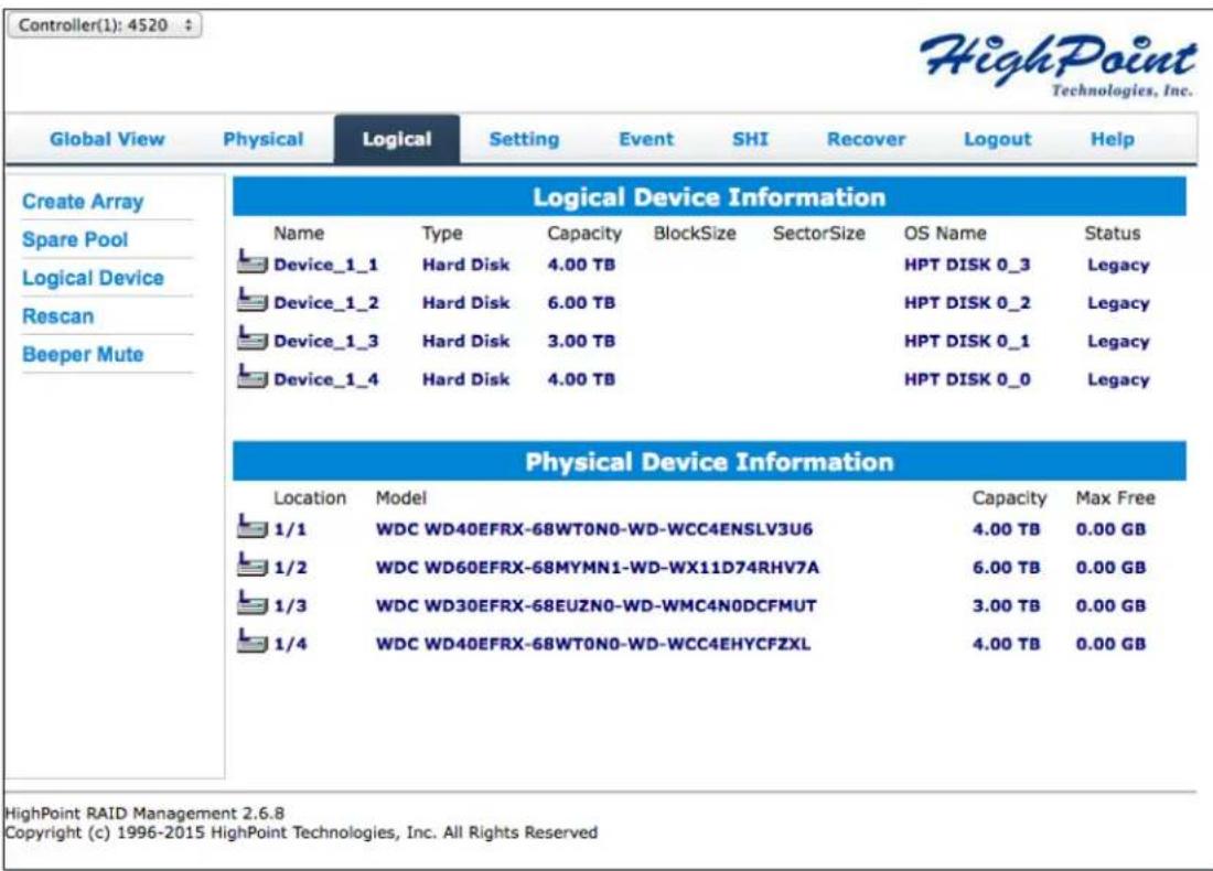 Controller(1): 4520 HighPoint Technologies, Inc. Global View Physical Logical Setting Event SHI Recover Logout Help Create Array Spare Pool Logical Device Rescan Beeper Mute Logical Device Information Name Type Capacity BlockSize SectorSize OS Name Status Device_1_1 Hard Disk 4.00 TB HPT DISK 0_3 Legacy Device_1_2 Hard Disk 6.00 TB HPT DISK 0_2 Legacy Device_1_3 Hard Disk 3.00 TB HPT DISK 0_1 Legacy Device_1_4 Hard Disk 4.00 TB HPT DISK 0_0 Legacy Physical Device Information Location Model Capacity Max Free 1/1 WDC WD40EFRX-68WT0N0-WD-WCC4ENSLV3U6 4.00 TB 0.00 GB 1/2 WDC WD60EFRX-68MYMN1-WD-WX11D74RHV7A 6.00 TB 0.00 GB 1/3 WDC WD30EFRX-68EUZN0-WD-WMC4N0DCFMUT 3.00 TB 0.00 GB 1/4 WDC WD40EFRX-68WT0N0-WD-WCC4EHYCFZXL 4.00 TB 0.00 GB HighPoint RAID Management 2.6.8 Copyright (c) 1996-2015 HighPoint Technologies, Inc. All Rights Reserved