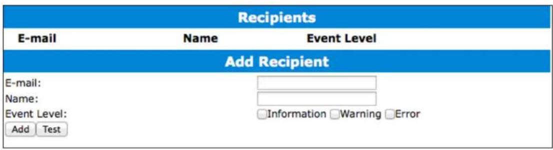 Recipients E-mail Name Event Level Add Recipient E-mail: Name: Event Level: Add Test Information Warning Error