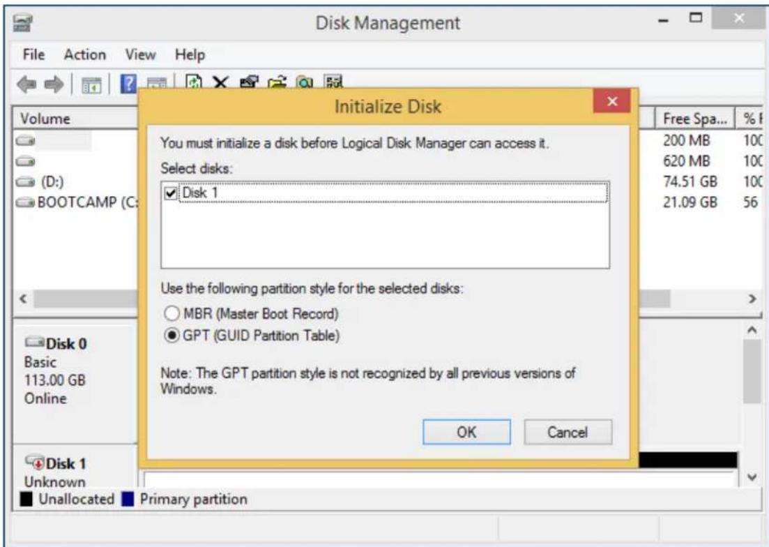 Disk Management File Action View Help Volume (D:) BOOTCAMP (C:) Initialize Disk You must initialize a disk before Logical Disk Manager can access it. Select disks: ✓ Disk 1 Use the following partition style for the selected disks: ○ MBR (Master Boot Record) ● GPT (GUID Partition Table) Note: The GPT partition style is not recognized by all previous versions of Windows. OK Cancel Free Spa... 200 MB 100 620 MB 100 74.51 GB 100 21.09 GB 56 Disk 0 Basic 113.00 GB Online Disk 1 Unknown ■ Unallocated ■ Primary partition