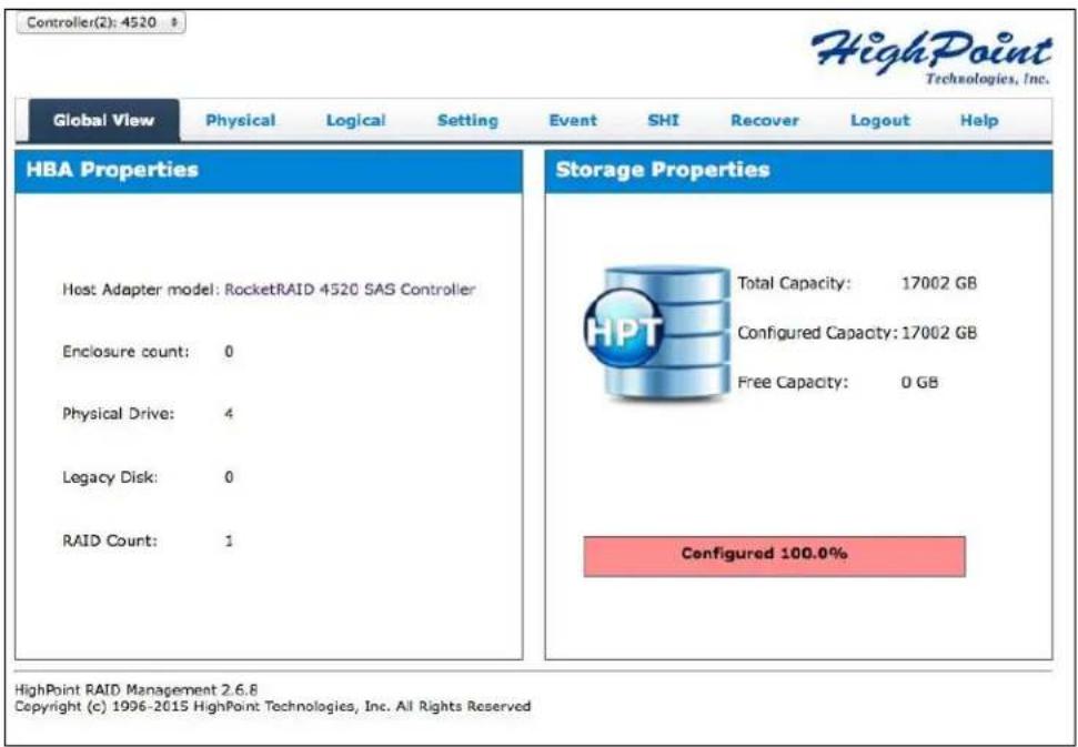 Controller(2): 4520 $ HighPoint Technologies, Inc. Global View Physical Logical Setting Event SHI Recover Logout Help HBA Properties Host Adapter model: RocketRAID 4520 SAS Controller Enclosure count: 0 Physical Drive: 4 Legacy Disk: 0 RAID Count: 1 Storage Properties Total Capacity: 17002 GB Configured Capacity: 17002 GB Free Capacity: 0 GB Configured 100.0% HighPoint RAID Management 2.6.8 Copyright (c) 1996-2015 HighPoint Technologies, Inc. All Rights Reserved