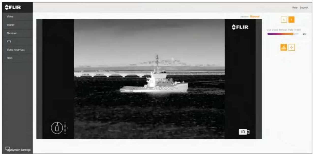 FLIR Video Visible Thermal PTZ Video Analytics OSD System Settings Stream Thermal FLIR Live Video Refracer Rate (1:00) 25 Help Logout