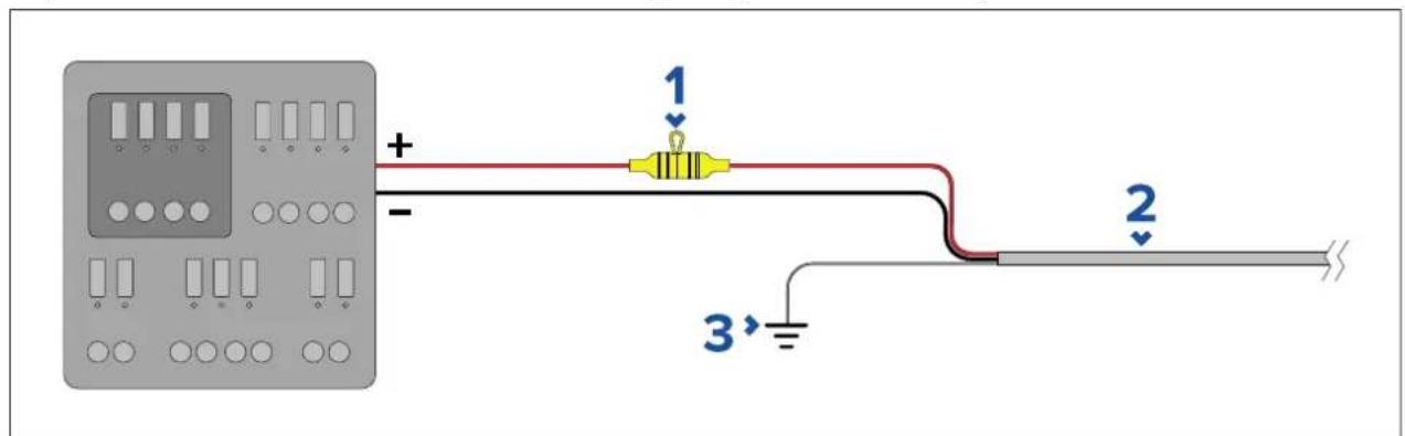 Electrical wiring diagram showing connections between a power supply box and a multimeter with labeled terminals 1, 2, and 3.