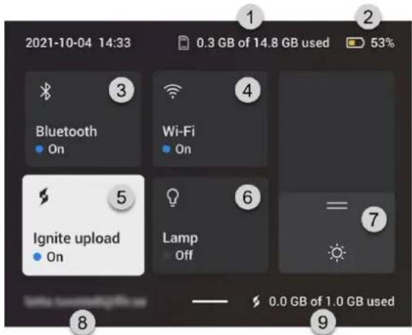 2021-10-04 14:33 0.3 GB of 14.8 GB used 53% Bluetooth On Wi-Fi On Ignite upload On Lamp Off 0.0 GB of 1.0 GB used