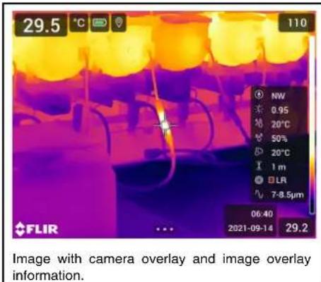 29.5 °C 110 NW 0.95 20°C 50% 20°C 1 m BLR 7-8.5µm 06:40 2021-09-14 29.2 FLIR Image with camera overlay and image overlay information.