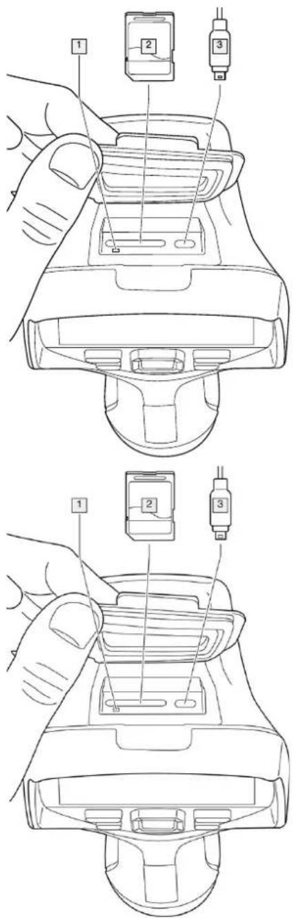 Technical diagram showing a hand holding a device with labeled parts, including ports and buttons for assembly or inspection.