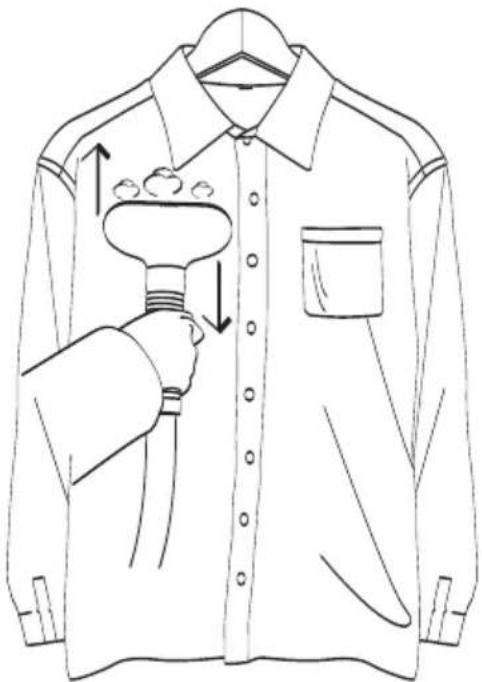 Diagram illustrating a garment collar with a hand holding a funnel, showing posture and movement arrows.