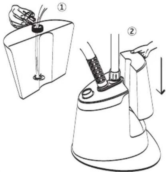 Diagram illustrating two steps of a hairpin pressing or mounting process, labeled ① and ②, with hand positioning and structural details.