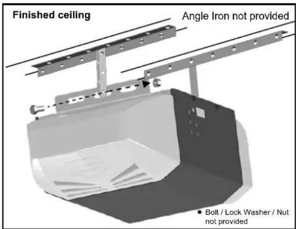 Finished ceiling Angle Iron not provided • Bolt / Lock Washer / Nut not provided