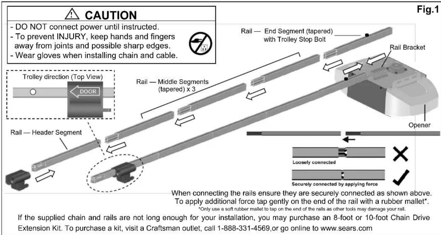 CAUTION - DO NOT connect power until instructed. - To prevent INJURY, keep hands and fingers away from joints and possible sharp edges. - Wear gloves when installing chain and cable. Rail — End Segment (tapered) with Trolley Stop Bolt Rail Bracket Trolley direction (Top View) DOOR Rail — Middle Segments (tapered) x 3 Rail — Header Segment Opener Loosely connected Securely connected by applying force When connecting the rails ensure they are securely connected as shown above. To apply additional force tap gently on the end of the rail with a rubber mallet* *Only use a soft rubber mallet to tap on the end of the rails as other tools may damage your rail. If the supplied chain and rails are not long enough for your installation, you may purchase an 8-foot or 10-foot Chain Drive Extension Kit. To purchase a kit, visit a Craftsman outlet, call 1-888-331-4569,or go online to www.sears.com