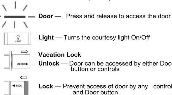 Door — Press and release to access the door Light — Turns the courtesy light On/Off Vacation Lock Unlock — Door can be accessed by either Door button or controls Lock — Prevent access of door by any control and Door button.