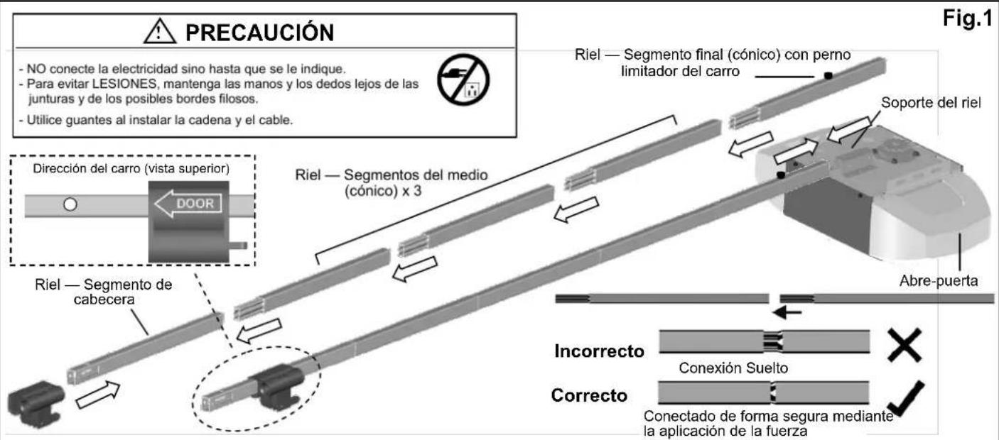 PRECAUCIÓN - NO conecte la electricidad sino hasta que se le indique. - Para evitar LESIONES, mantenga las manos y los dedos lejos de las junturas y de los posibles bordes filosos. - Utilice guantes al instalar la cadena y el cable. Riel — Segmento final (cónico) con perno limitador del carro Sóporte del riel Dirección del carro (vista superior) DOOR Riel — Segmento del medio (cónico) x 3 Abre-puerta Riel — Segmento de cabecera Incorrecto Conexión Suelto Correcto Conectado de forma segura mediante la aplicación de la fuerza Fig.1