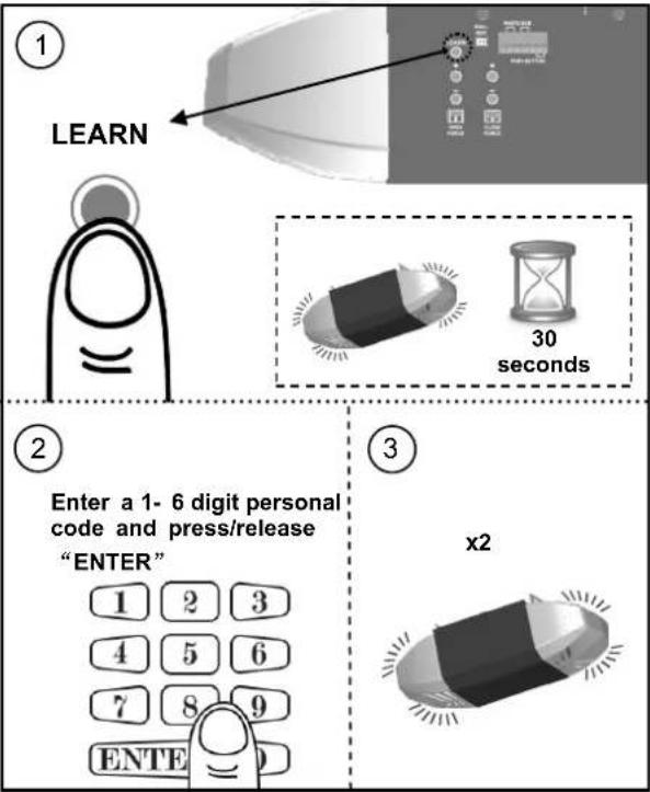 ① LEARN 30 seconds ② Enter a 1- 6 digit personal code and press/release "ENTER" ③ x2 1 2 3 4 5 6 7 8 9 ENTE