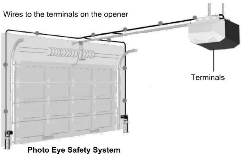 Wires to the terminals on the opener Terminals Photo Eye Safety System