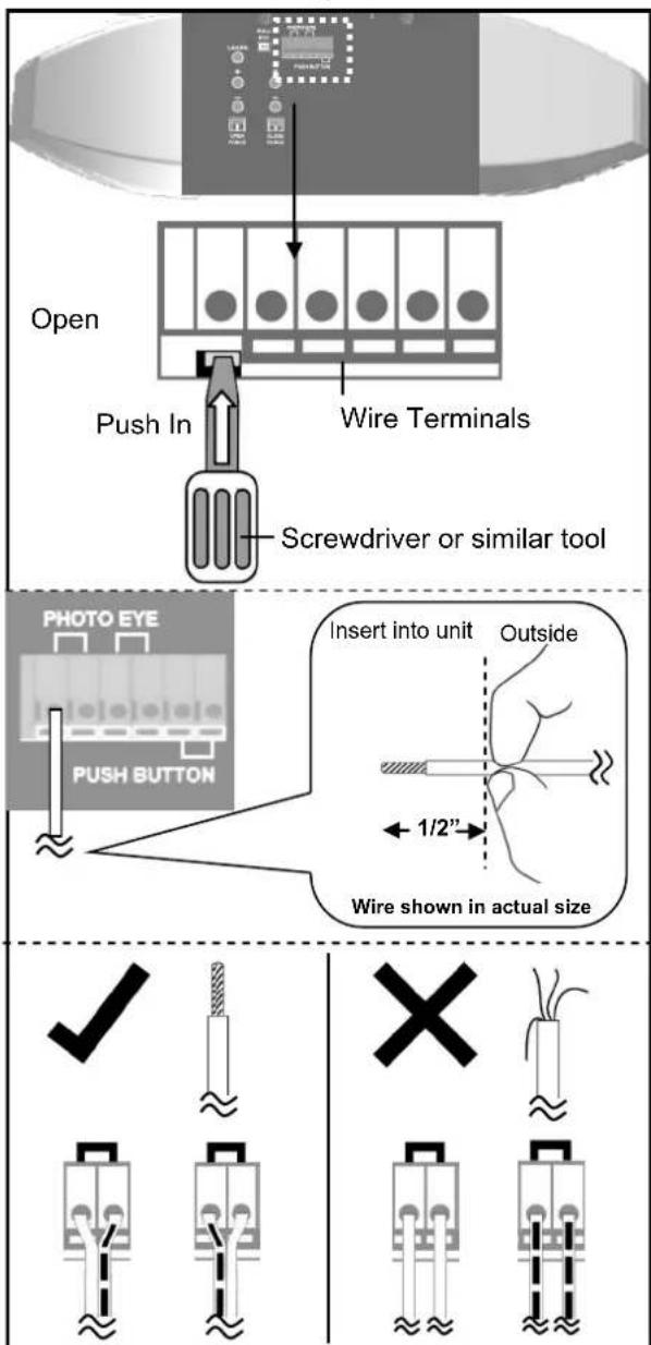 Open Push In Wire Terminals Screwdriver or similar tool PHOTO EYE PUSH BUTTON Insert into unit Outside 1/2" Wire shown in actual size