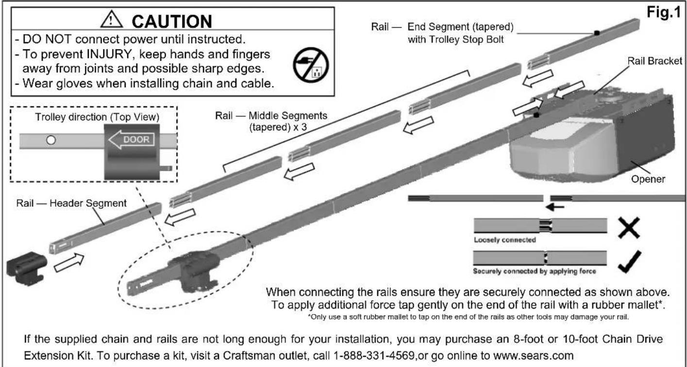 CAUTION - DO NOT connect power until instructed. - To prevent INJURY, keep hands and fingers away from joints and possible sharp edges. - Wear gloves when installing chain and cable. Rail — End Segment (tapered) with Trolley Stop Bolt Rail — Middle Segments (tapered) x 3 Rail — Header Segment Rail — End Segment (tapered) with Trolley Stop Bolt Rail Bracket Trolley direction (Top View) DOOR Rail — Middle Segments (tapered) x 3 Opener Loosely connected Securely connected by applying force When connecting the rails ensure they are securely connected as shown above. To apply additional force tap gently on the end of the rail with a rubber mallet* *Only use a soft rubber mallet to tap on the end of the rails as other tools may damage your rail. If the supplied chain and rails are not long enough for your installation, you may purchase an 8-foot or 10-foot Chain Drive Extension Kit. To purchase a kit, visit a Craftsman outlet, call 1-888-331-4569,or go online to www.sears.com