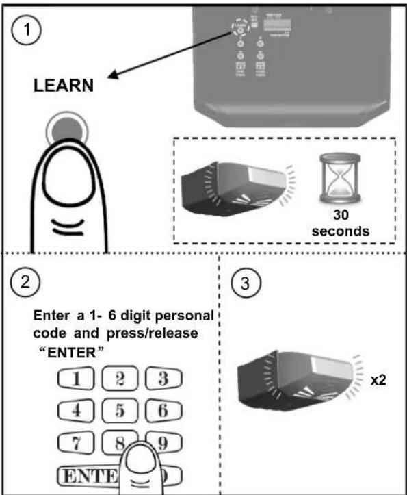 ① LEARN 30 seconds ② Enter a 1- 6 digit personal code and press/release "ENTER" ③ x2
