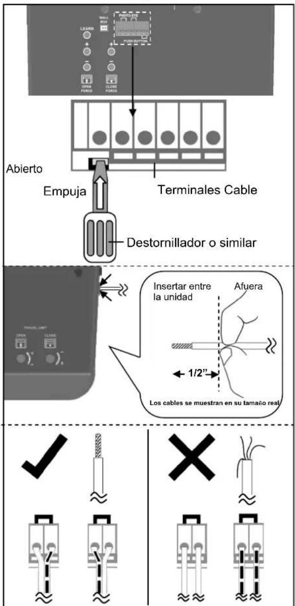 ABIERTO Empuja Terminales Cable Destornillador o similar Insertar entre la unidad Afuera 1/2" Los cables se muestran en su tamaño real