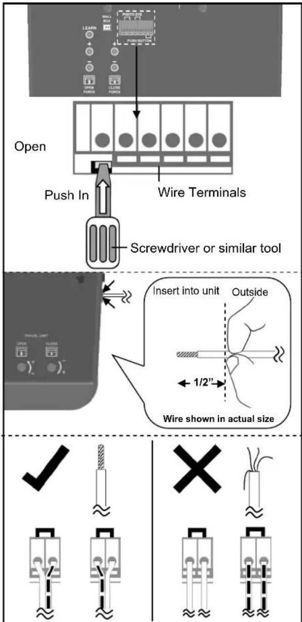 Open Push In Wire Terminals Screwdriver or similar tool Insert into unit Outside 1/2" Wire shown in actual size