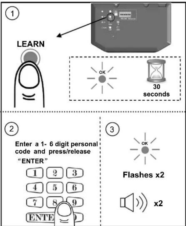 ① LEARN OK 30 seconds ② Enter a 1- 6 digit personal code and press/release "ENTER" 1 2 3 4 5 6 7 8 9 ENTE ③ OK Flashes x2 x2