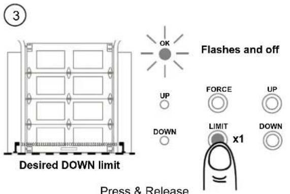 3 OK Flashes and off UP FORCE UP DOWN LIMIT DOWN Desired DOWN limit Press & Release