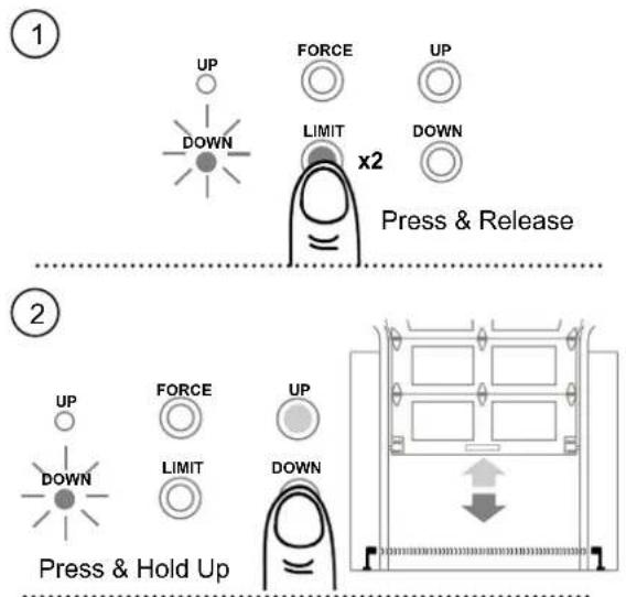 1 UP FORCE UP DOWN LIMIT x2 DOWN Press & Release 2 UP FORCE UP DOWN LIMIT DOWN Press & Hold Up