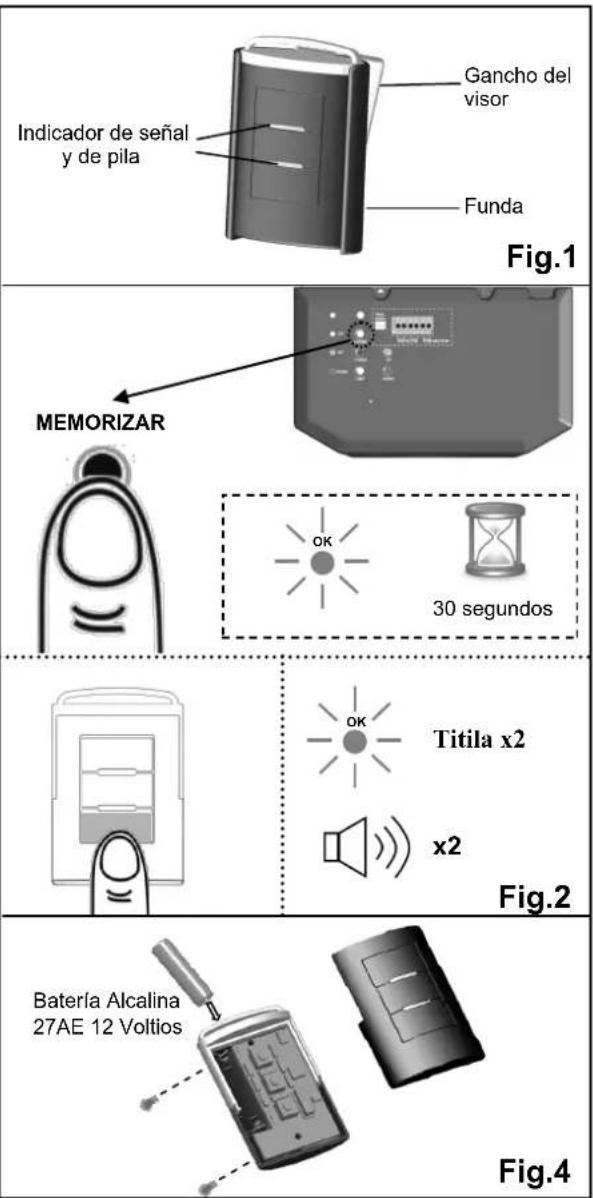 Gancho del visor Funda Indicador de señal y de pila Fig.1 MEMORIZAR 30 segundos OK Titila x2 x2 Fig.2 Batería Alcalina 27AE 12 Voltios Fig.4