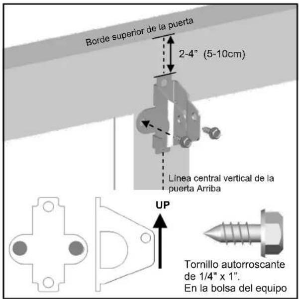 Borde superior de la puerta 2-4" (5-10cm) Línea central vertical de la puerta Arriba UP Tornillo autorroscante de 1/4" x 1". En la bolsa del equipo
