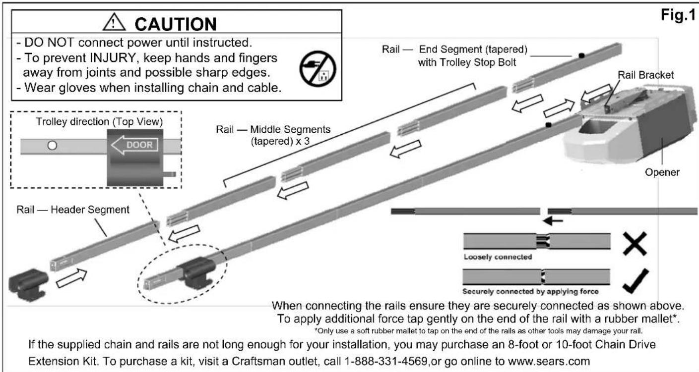 CAUTION - DO NOT connect power until instructed. - To prevent INJURY, keep hands and fingers away from joints and possible sharp edges. - Wear gloves when installing chain and cable. Rail — End Segment (tapered) with Trolley Stop Bolt Rail Bracket Trolley direction (Top View) DOOR Rail — Middle Segments (tapered) x 3 Rail — Header Segment Opener Loosely connected Securely connected by applying force When connecting the rails ensure they are securely connected as shown above. To apply additional force tap gently on the end of the rail with a rubber mallet* *Only use a soft rubber mallet to tap on the end of the rails as other tools may damage your rail. If the supplied chain and rails are not long enough for your installation, you may purchase an 8-foot or 10-foot Chain Drive Extension Kit. To purchase a kit, visit a Craftsman outlet, call 1-888-331-4569,or go online to www.sears.com