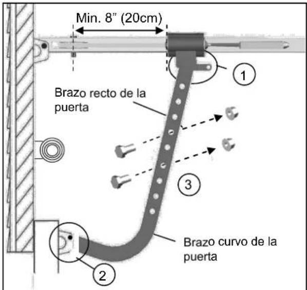 Min. 8" (20cm) Brazo recto de la puerta 1 3 2 Brazo curvo de la puerta